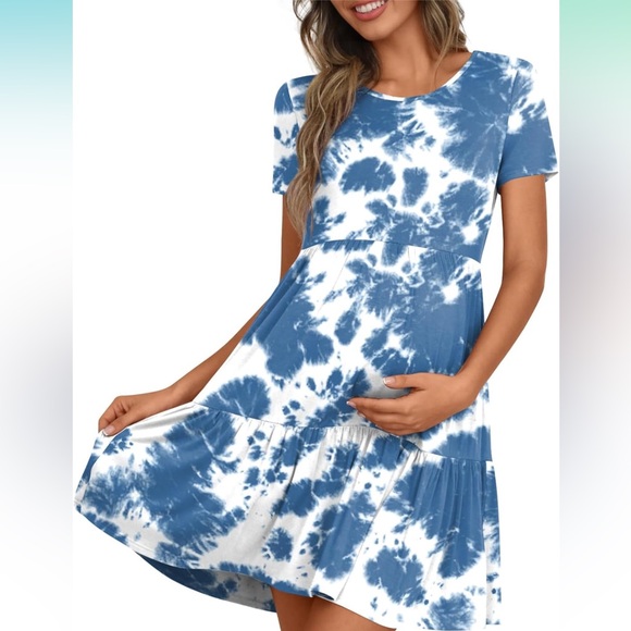 Maternity Tiered Short Sleeve Tye Dye Swing Dress - Picture 1 of 4